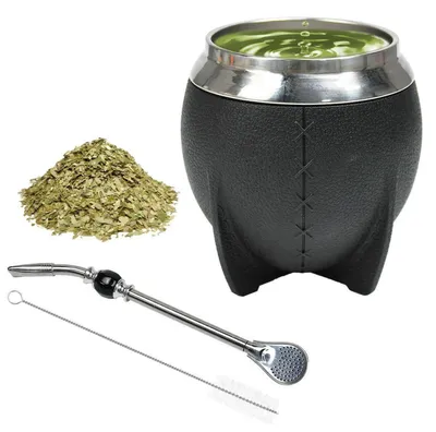 Produktbild von Yerba Mate Becher Edelstahl 280ml Schwarz mit Filterstrohhalm und Reinigungsbürste