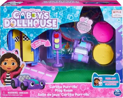 The image shows the packaging of a Gabby's Dollhouse toy set, featuring a play room with a car and accessories.