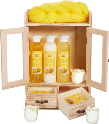 Produktbild von BRUBAKER Cosmetics Bade- und Pflegeset im Holzschrank - Wellness Badeset für Frauen - Damen Geschenkset mit Holz Dekoration, Lemon Duft