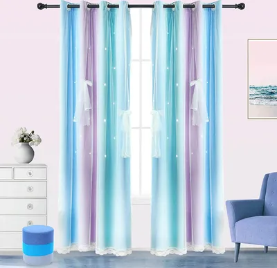 A room interior with curtains, a dresser, and a chair.