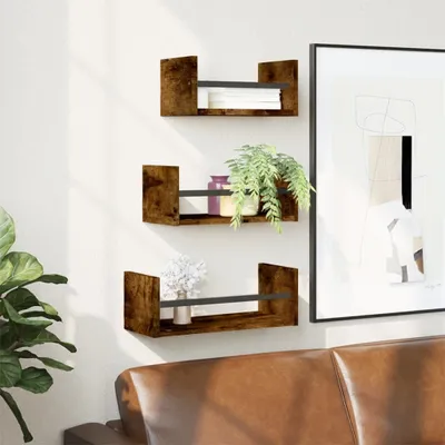 Obrázek produktu pro Maison Exclusive – 3dílná sada nástěnných polic s tyčemi, kouřově dubové dřevěné materiály