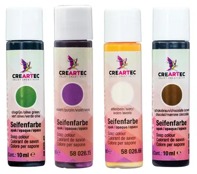 Produktbild von CREARTEC Seifenfarben Opak 4er Set (Elfenbein, Schokobraun, Violett, Olivgrün) 40ml - Inhalt jeweils 10ml - zum Herstellen farbenfroher Seifen