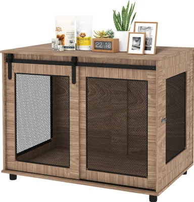 Produktbild von Hundebox, Transportbox für Hunde, Rückzugsbox für Haustiere, verschließbare Türen, 98 x 60 x 78 cm, Hellbraun