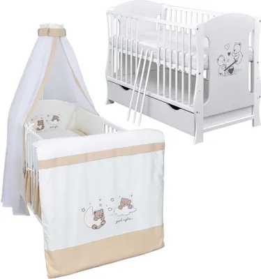 Produktbild von Baby-Delux Babybett Kinderbett Lia 120x60 Teddy Wippe Weiß inkl. Schublade Bettset Komplett Traumland Beige Schaumstoffmatratze