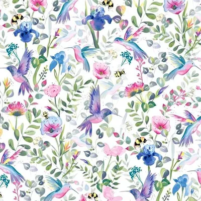 Produktbild von 100% Baumwolle Kolibris rosa-grün auf einer Wiese auf weißem Hintergrund