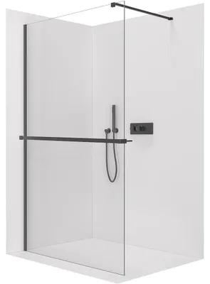 Productafbeelding van Douchewand Walk-in Onyx Cube L/P - 8 mm - rechthoekige steun + plank/handdoekhouder - mat zwart, transparant glas - 40x200 cm