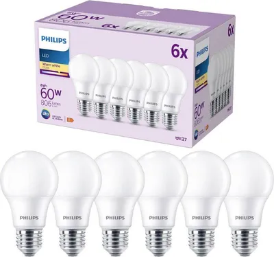 Produktbild von Philips Lampe 60W A60 E27 x6, 8 W, 60 W, E27, 806 lm, 15000 h, Warmweiß