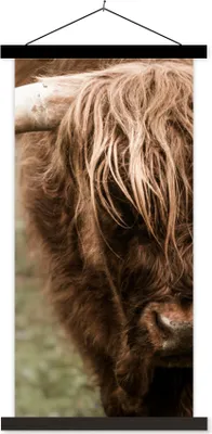 Produktbild von MuchoWow® Textilposter Schottisches Hochlandrind - Nahaufnahme - Hoorn 60x120 cm mit schwarzem Rahmen - Magnete