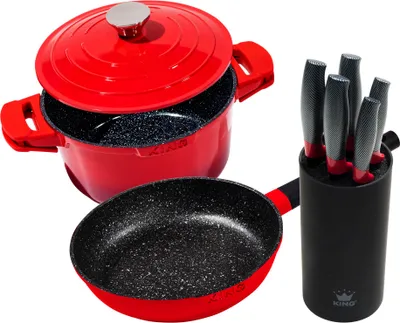 Produktbild von 8tlg. Vorteilsset: Ø24cm Schmortopf SHINE RED + Ø28cm Bratpfanne SHINE RED + Messerset CARBON RED LINE