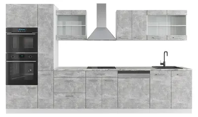 Produktbild von Küchenzeile Vicco R-Line Beton/Weiß 350 cm mit Hochschrank, ohne Arbeitsplatte, Model 37653