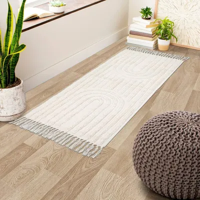 Produktbild von Boho-Badezimmerteppich, Küchenläufer im Bohème-Stil, rustikaler Baumwollteppich für Eingangsbereich, Schlafzimmer oder Waschküche, gewebter Teppich. (Beige Regenbogen, 60 x 130 cm)