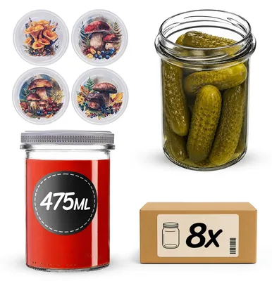 Produktbild von KADAX Einmachgläser 475ml mit Ø 82 mm Schraubdeckel, Marmeladengläser, Schraubgläser zum Einkochen, Einmachen und Aufbewahren von Marmelade & Honig (Pilzmix, 8 Stück)