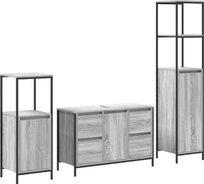 Produktbild von Badezimmermöbel Set mit Regal 3 pcs Grau Sonoma und Schwarz