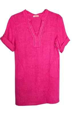 Produktbild von Leinen Kleid kurzarm Lochmuster PINK 42 L Knieumspielend feminin