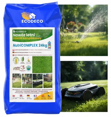 Zdjęcie produktu dla Nawozy do trawników ECODECO z środkiem przeciw mchowi | Nawóz biologiczny MULTI-SKŁADNIKOWY NPK NutriComplex – żelazo, mikroelementy, środek przeciw mchowi | Kompleksowa pielęgnacja trawnika | 24 kg