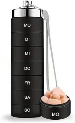 Produktbild von Medikamentenbox 7 Tage Große Fächer, 2026 Neu Tablettenbox, Stapelbare Pillendose 7 Tage aus Metall mit Drehverschluss, Täglicher Medikamentenspender, Tragbarer Pillenbox für Reisen (Schwarz)