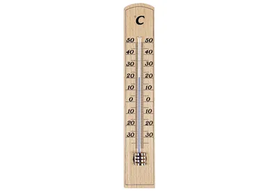 A wooden thermometer displaying Celsius temperatures against a white background.