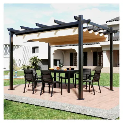Produktbild von Aluminium-Pergola 3x4 mit Schiebedach, verstellbarem Schattenbereich, UV-Schutz 50+, wasserdichter Pavillon 3x4, stabil und winterfest, Grillpavillon aus Metall für Gärten und Terrassen, Beige.
