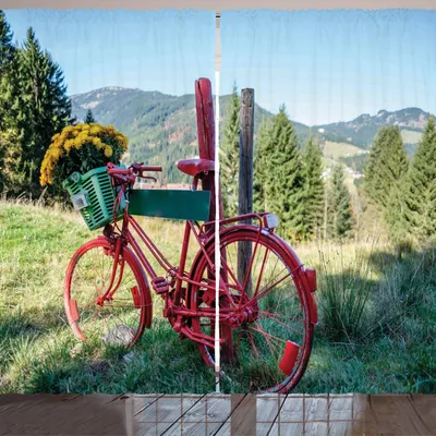 Image de ARANDE Rideau pour vélo, illustration représentant un paysage montagneux avec un vélo ancien et des fleurs jaunes dans le panier, 280 x 175 cm, multicolore