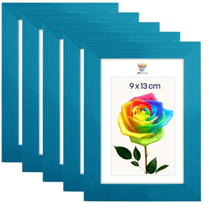 Produktbild von MG Design 5er Set Bilderrahmen 9 x 13 cm - Fotorahmen mit Türkis Echtholzrahmen und bruchsicherem Acrylglas, Hoch & Quer zum Aufhängen, zum Aufstellen