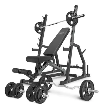 Immagine prodotto di Marbo Sport - Set MS3_2.0_83KG_G | Panca bifacciale + rastrelliera per manubri regolabile con rastrelliera di emergenza e regolazione della distanza + barra gommata e set di piastre pesi 83 kg