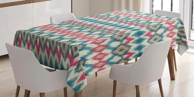Obrázek produktu pro ABAKUHAUS Ikat ubrus, asijský vázaný uzlový trojúhelníkový vzor, ručně vyráběný efekt, boho design, 140 x 240 cm, krémová, červená, modrozelená
