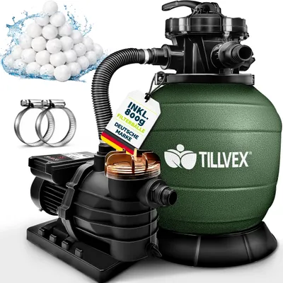 Immagine prodotto di Impianto di filtrazione a sabbia Tillvex per piscina con timer 10 m³/h, incl. 800 g di sfere filtranti verdi | Impianto di filtrazione con valvola a 7 vie e adattatore 2 in 1 Ø 32 mm - 38 mm | Filtro per piscina con manometro | Filtro a sabbia per piscine