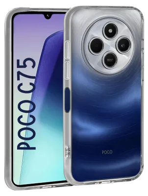 A transparent phone case with a blue gradient design is shown on a phone.