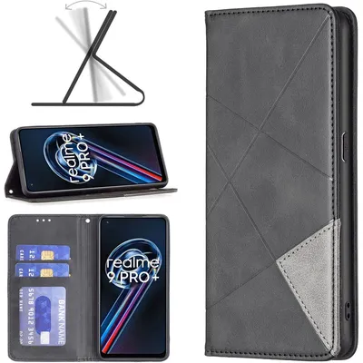 Produktbild von Mobigear Rhombus Slim Klapphülle für Realme 9 Pro Plus - 2 Kartenfächer mit Standfunktion Schwarz