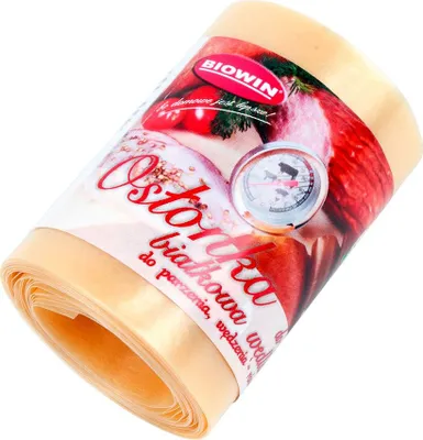 A roll of sausage casing with a label showing product information and images.