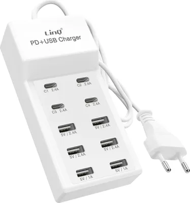 Image de LinQ, station de charge multiport 4 USB-C + 6 USB 50W câble 1m Compact, Blanc