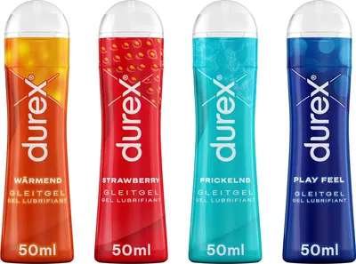 Produktbild von Durex Gleitgel 4er Mix-Set für Sie und Ihn mit 1x Durex Play Wärmend + 1x Durex Play Prickelnd + 1x Durex Play Sweet Strawberry + 1x Play Feel in 50ml