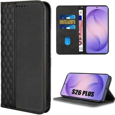 Image de Coque pour Samsung Galaxy S26 Plus, Protection Antichoc Anti-Rayures Effet Cuir Noir Motif Relief Mosaïque