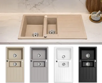 Produktbild von Faizee Home | Granitspüle Napoli Beige 100 × 50 cm – eckige Einbauspüle mit Haupt- und Zusatzbecken – beidseitig montierbar inkl. Siphon-Set