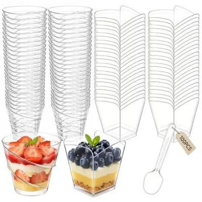 Zdjęcie produktu dla Szklanki deserowe plastikowe zestaw 100 szt z łyżeczkami imprezy