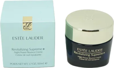 A product shot of a jar of Estée Lauder Revitalizing Supreme+ Night Power Bounce Creme next to its packaging box.