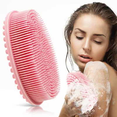 Produktbild von Silikon-Badebürste, weicher Körperpeeling-Bürste, Peeling-Duschbürste, Luffabürste, Körperpeelingbürste, Kopfmassagebürste, 2-in-1-Shampoobürste für Frauen, Männer, alle Hauttypen (rosa)