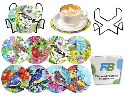 Imagen del producto de Elzusha - Juego de 8 posavasos con diseños de aves y su soporte