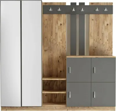 Produktbild von Eingangsmöbel Media, Moderner Eingang, Wandgarderobe, Multifunktions-Aufbewahrungskonsole, 187x38h180 cm, Eiche und Anthrazit