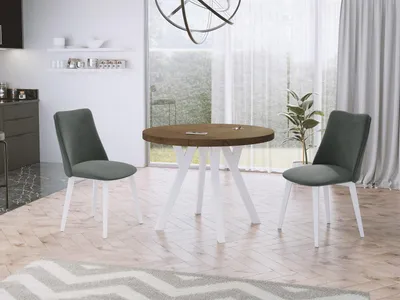 Produktbild von Designer Runder Ausziehbarer Esstisch - Loft-Stil, Industriell, Platzsparend - Weiße Beine - 100 bis 200 cm - für 5-10 Personen - Hergestellt in Polen - Lefkas Eiche - 200 cm