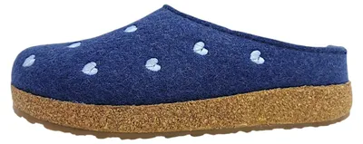 Image de Chaussons d'intérieur Haflinger Grizzly Cuoricini pour femmes, modèle pantoufle, couleur bleue, pour un usage quotidien