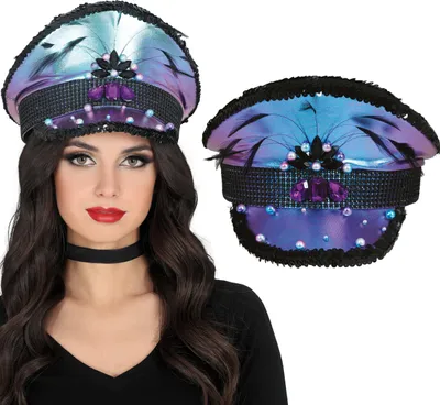 Produktbild von Polizei Karnevals Kopfbedeckung Lila Federn Kreatives Design Karneval Kopfschmuck Glitzersteine Party Zubehor Fasching Kostume Elegant Glamour, Farbe: Lila