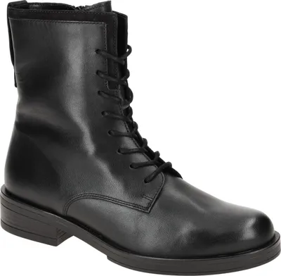 A black leather lace-up boot is shown from the side against a white background.