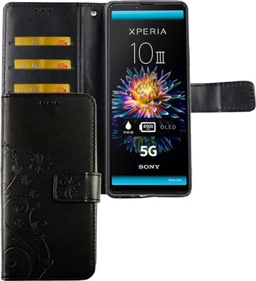Produktbild von Sony Xperia 10 III Tasche Handy Hülle Schutz-Cover Flip-Case mit Kartenfach, Farbe:Blumen Schwarz