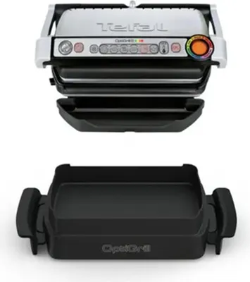 Image de TEFAL OptiGrill + GC714D OptiGrill+ Snacking&Baking GC714D, Acier inoxydable, Rectangulaire, 600 cm², Aluminium, Thermoplastique, Prêt à cuire, Température