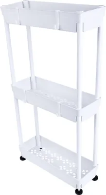 A white three-tier storage shelf with wheels.