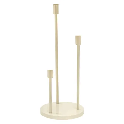 A beige, three-stemmed candelabra with a circular base, presented on a white background.