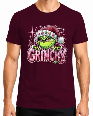 Obrázok produktu pre Vianočné tričko pre mužov s potlačou Grinch, ružové s trblietkami, vtipný darček, farba: bordová, veľkosť: L