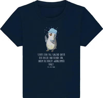 Produktbild von Mr. & Mrs. Panda Babyshirt Pinguin Duschen 12. - 18. Monat - French Navy - Geschenk,  T-Shirt, Lebensmotto, Baby Jerseyshirt, Shirt, Motivation, Singen, Baden, Kinder