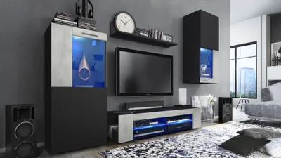 Produktbild von Vladon Wohnwand Movie, Anbauwand bestehend aus 1 TV-Board, 2 Vitrinen und 1 Regal, Schwarz matt/Schwarz matt/Beton Oxid-Optik, inkl. LED-Beleuchtung blau (Gesamt: 300 x 190 x 39 cm)